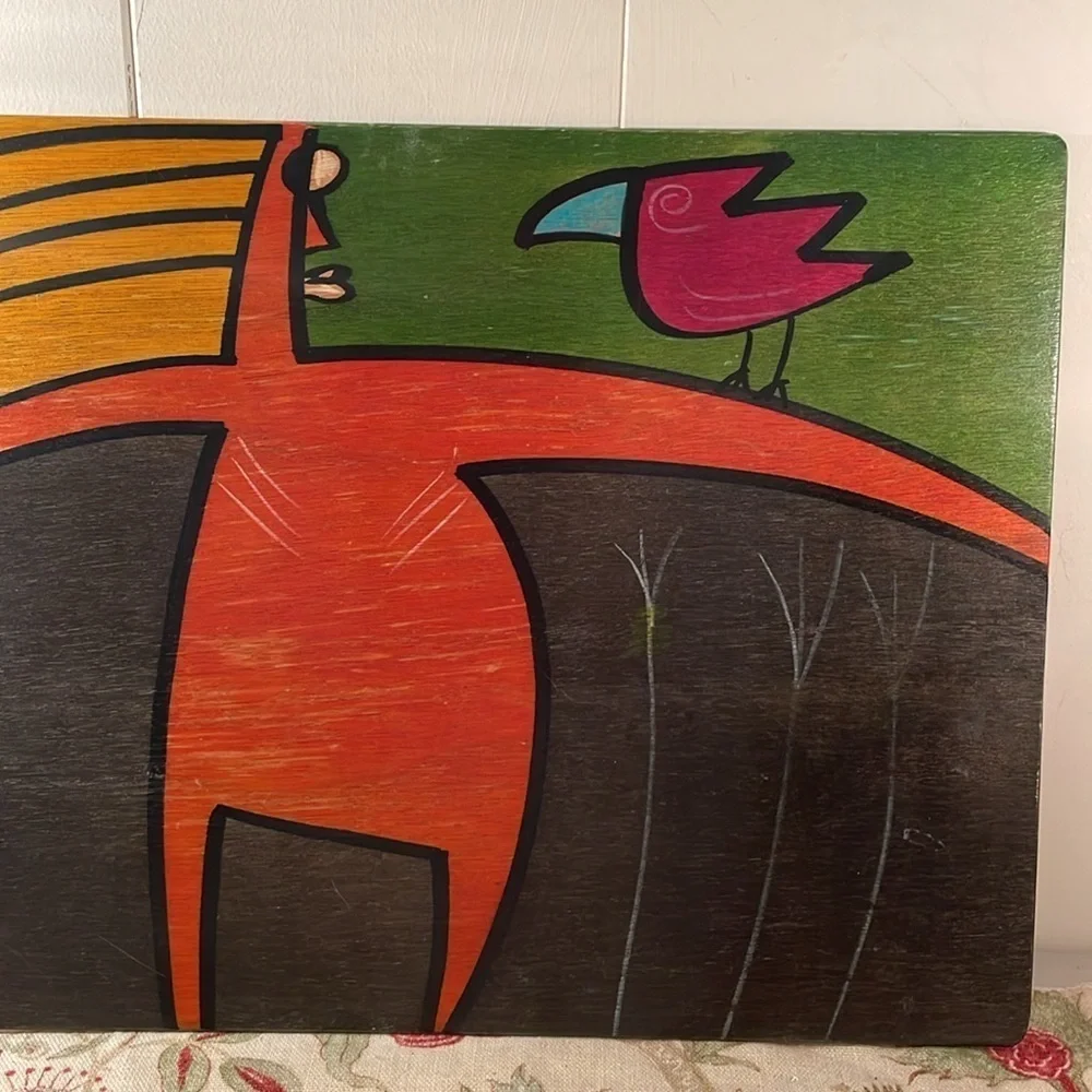 Kakadu Signed Wooden Hand Painted Vibrant Colored Exaggerate Person and Bird